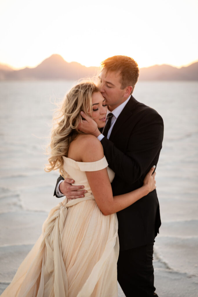 Romantic kiss shared by couple during Salt Flats elopement shoot
