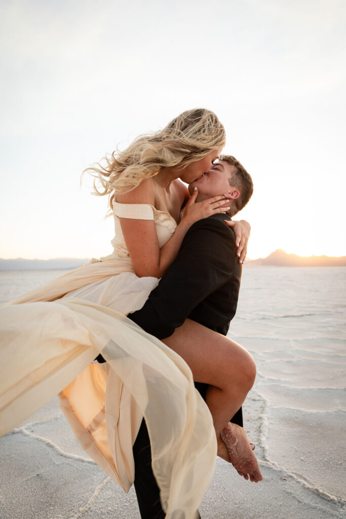 Bride and groom sharing a kiss in an elopement photoshoot