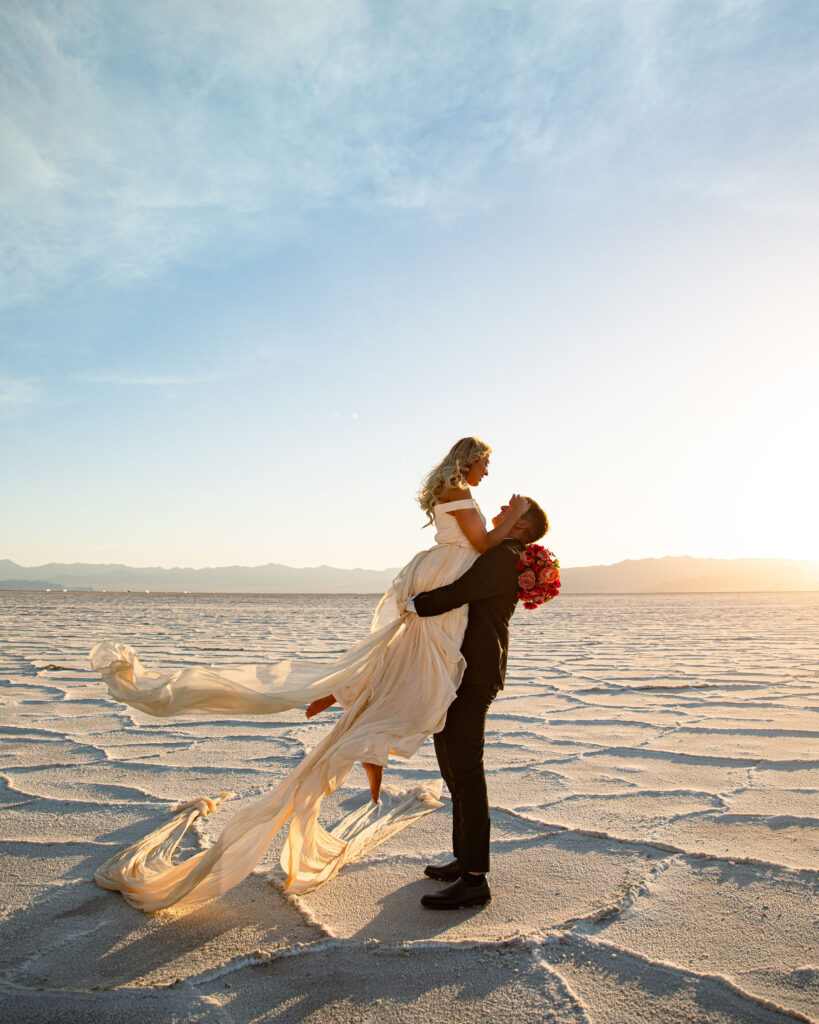 Bride and groom during an intimate Salt Flats wedding shoot