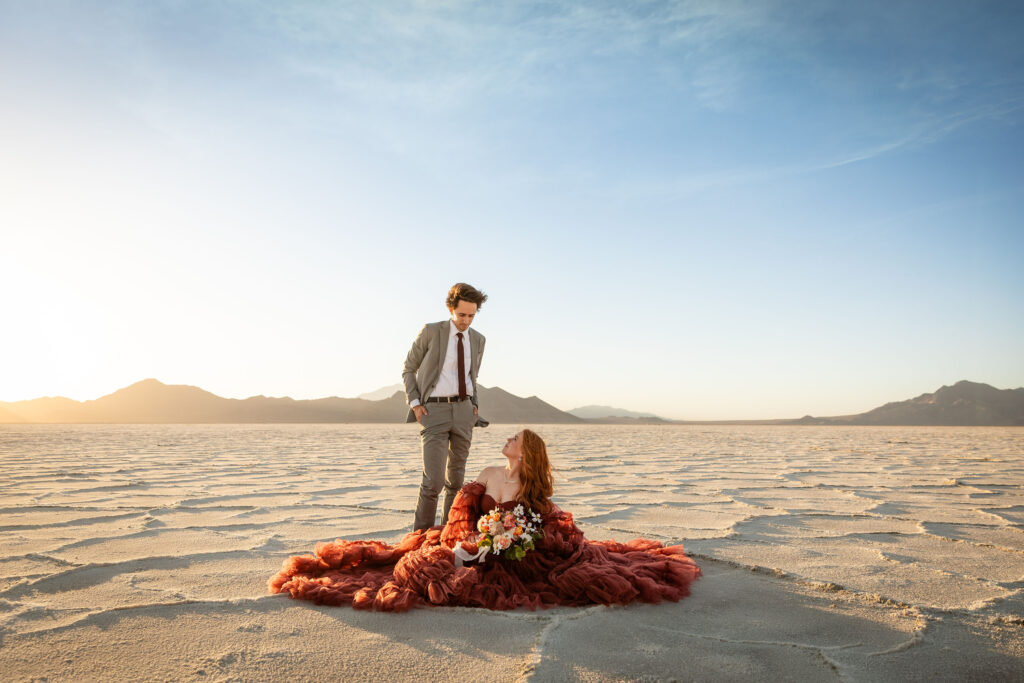 Elegant bridal gown captured in full during Utah desert elopement