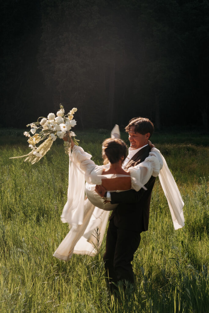 Yosemite destination elopement with bride in flowy dress and wildflower bouquet