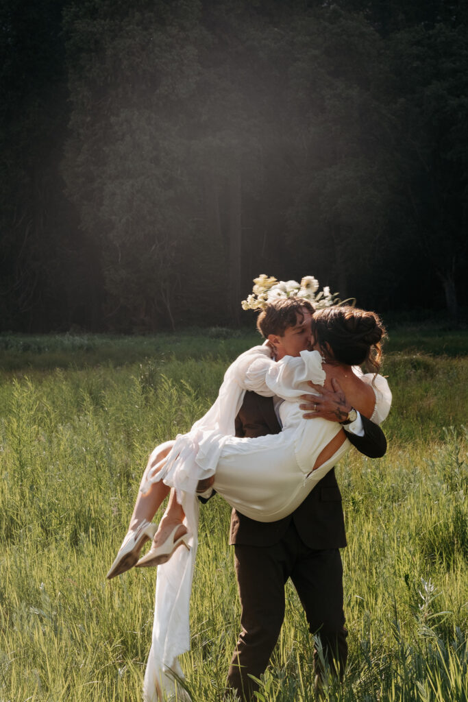 Yosemite destination elopement with bride in flowy dress and wildflower bouquet