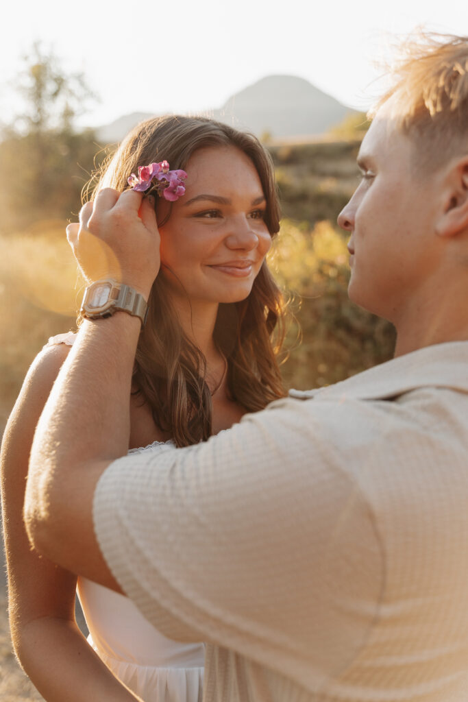 Romantic golden hour engagement photo in Washington