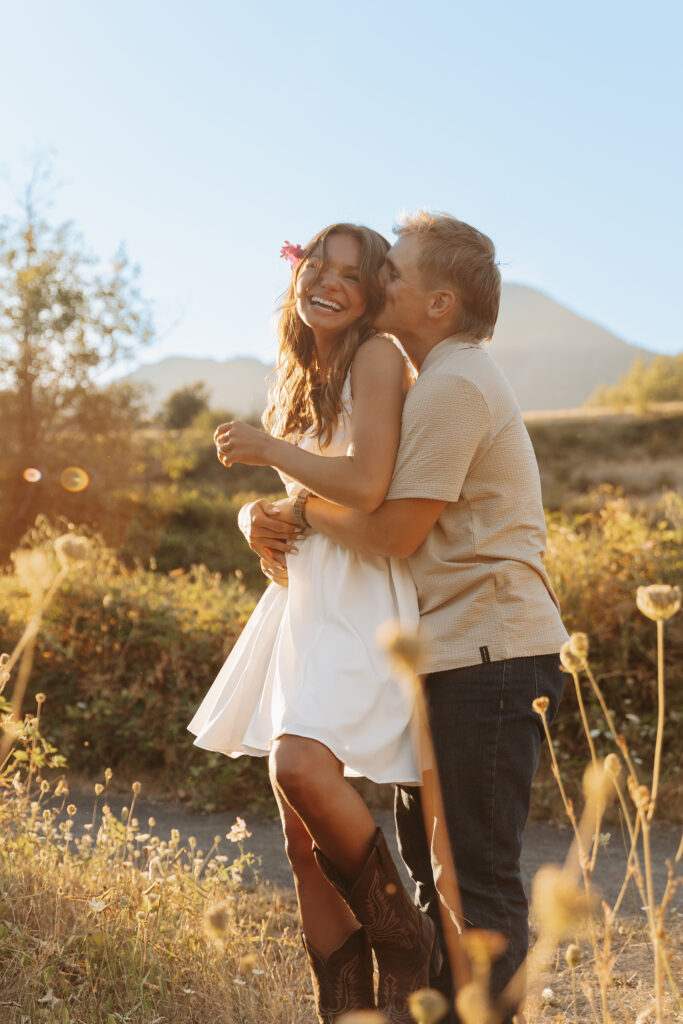 Columbia River Gorge engagement session with natural, candid moment
