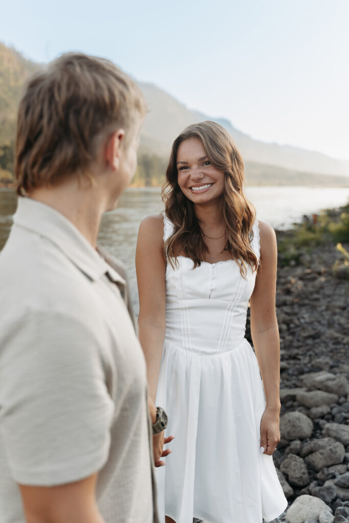 Romantic engagement photo by the Columbia River Gorge in Washington