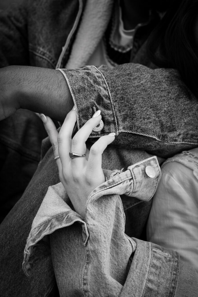 Couple in matching denim during outdoor engagement session