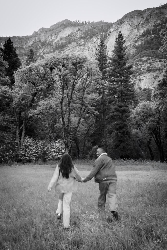 Yosemite engagement photo with couple in denim jackets