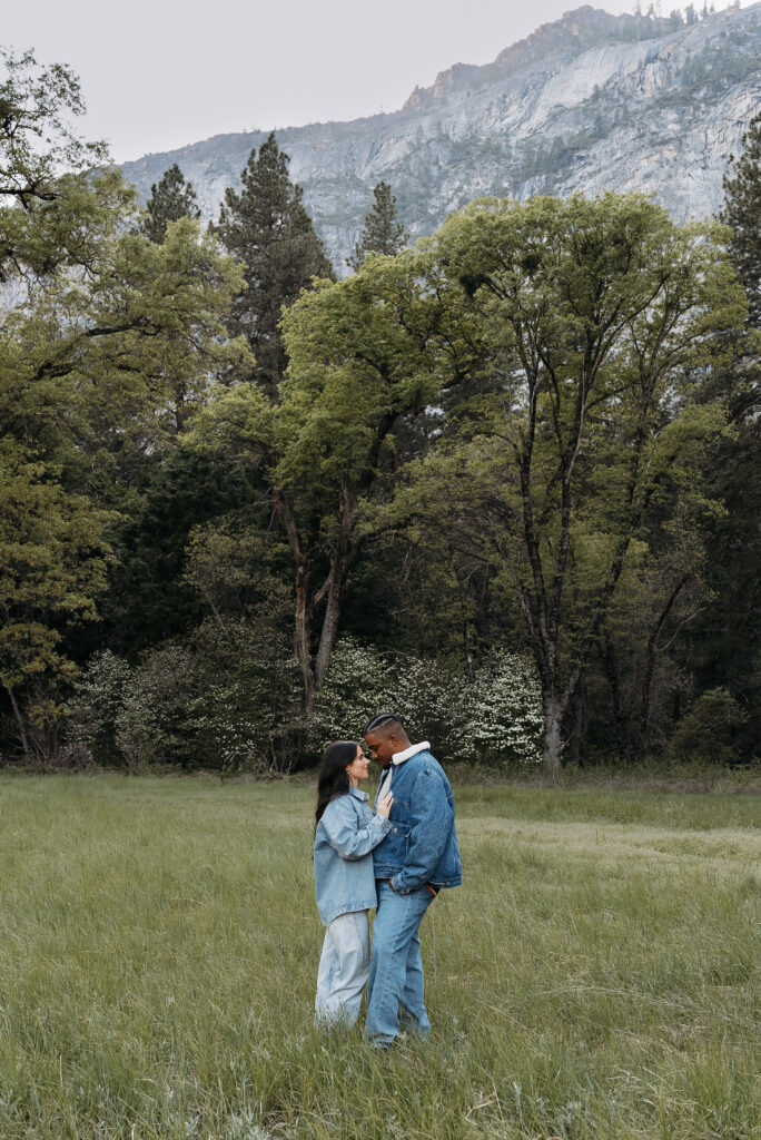 Couple sharing sweet moment in Yosemite forest