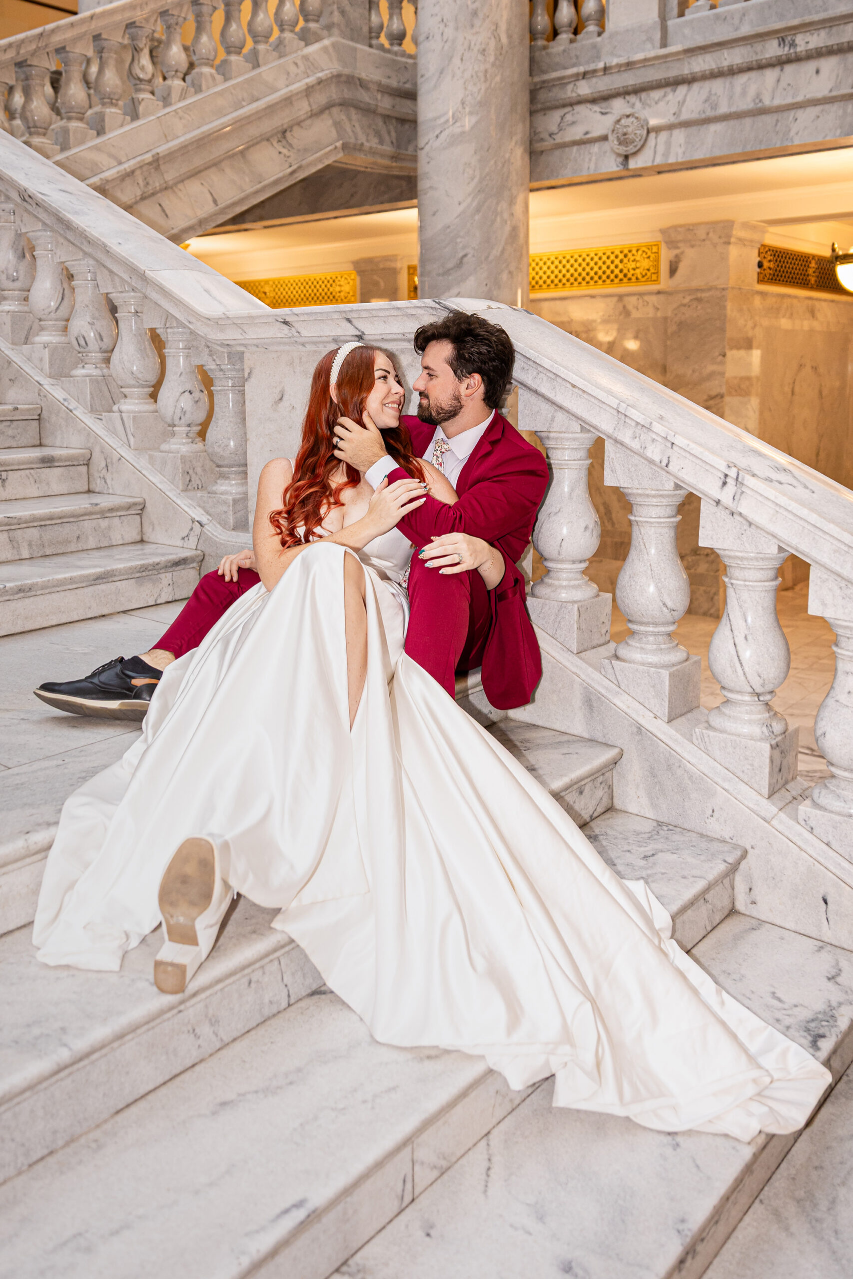Groom looking at the bride with admiration during their Utah State Capitol elopement session.