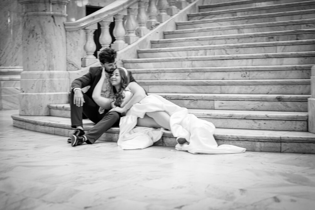 Bride resting her head on the groom’s shoulder during their courthouse wedding formal session in Salt Lake City.