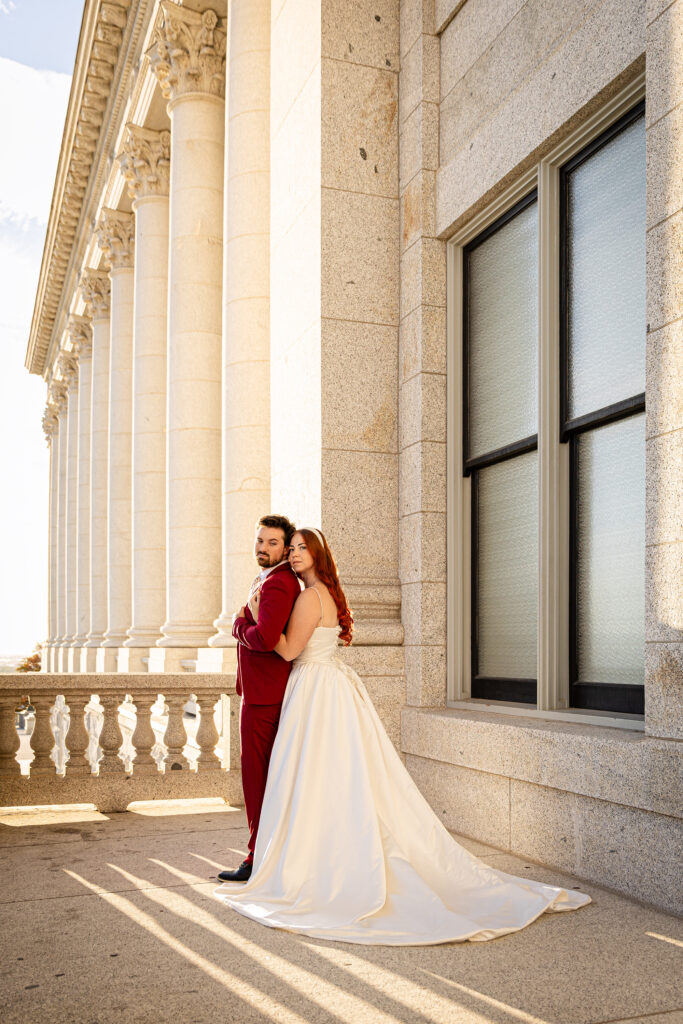 Utah wedding photographer captures a golden hour elopement outside the Salt Lake City State Capitol.