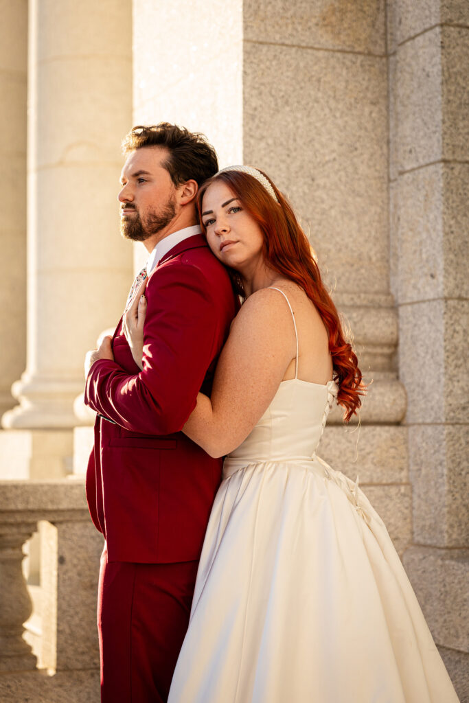 Salt Lake City formal session at the Utah State Capitol — cinematic wedding portraits for an elegant courthouse elopement.