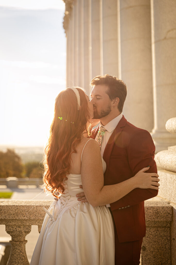 Salt Lake City formal session at the Utah State Capitol — cinematic wedding portraits for an elegant courthouse elopement.