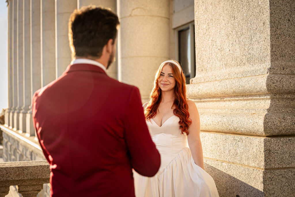 Editorial-style close-up of the bride and groom at their courthouse wedding in Salt Lake City, Utah.
