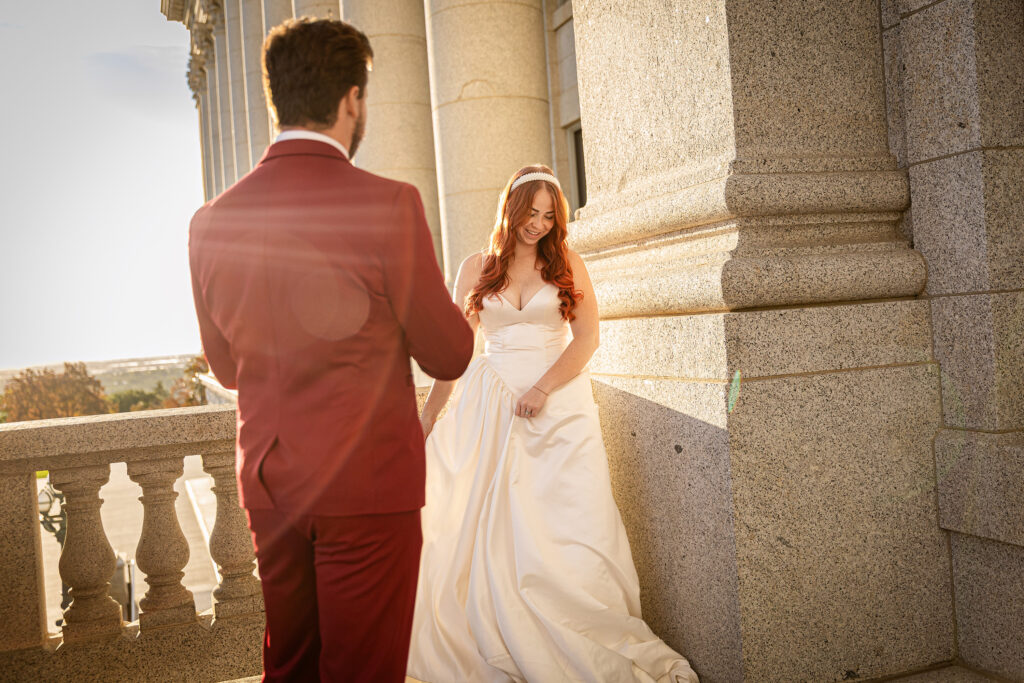 Editorial-style close-up of the bride and groom at their courthouse wedding in Salt Lake City, Utah.