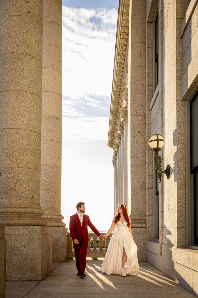 Couple sharing a quiet moment during their courthouse wedding at the Utah State Capitol — modern Utah elopement photography.