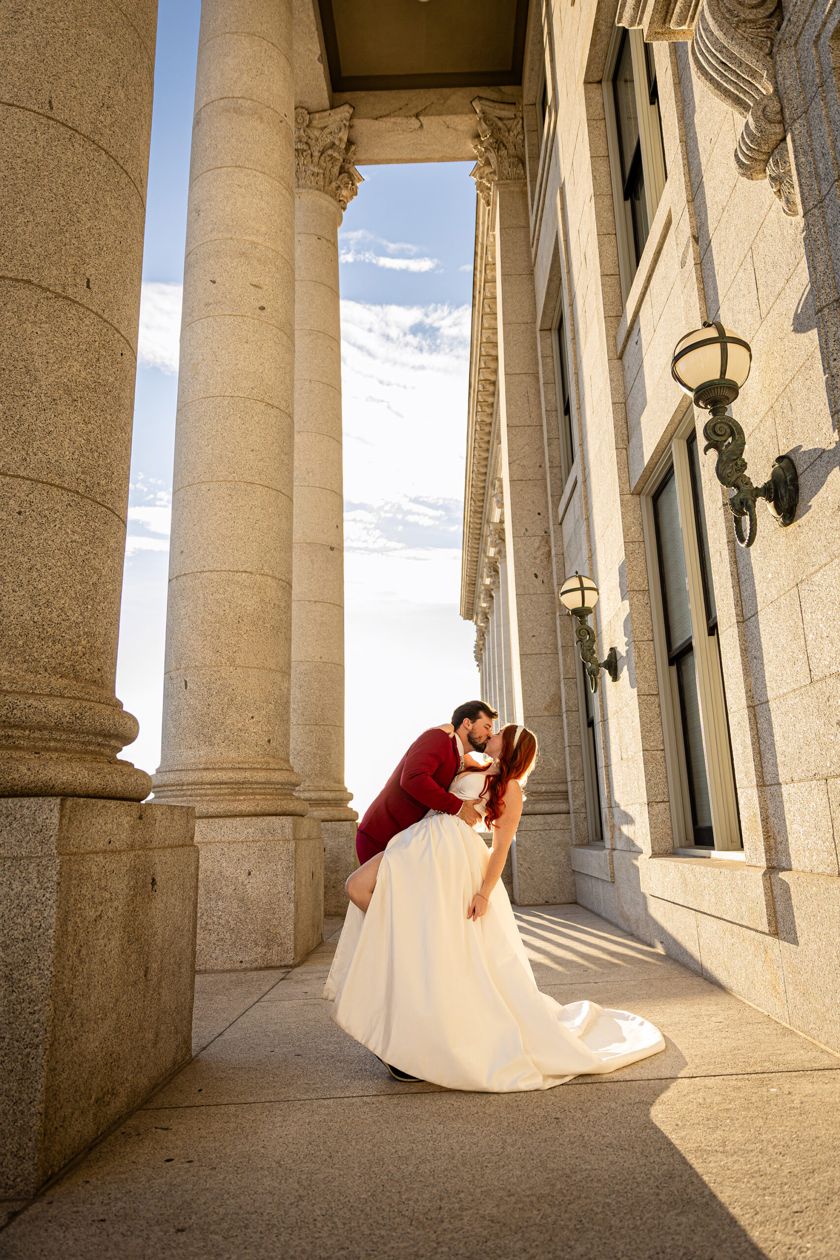 Couple sharing a quiet moment during their courthouse wedding at the Utah State Capitol — modern Utah elopement photography.