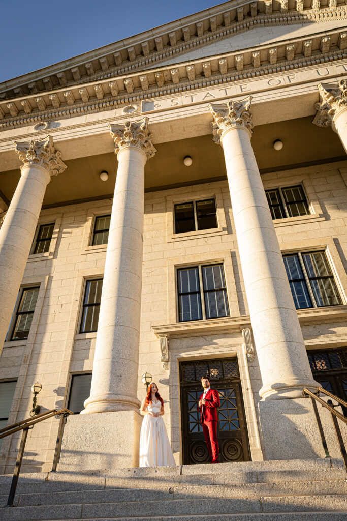 Formal wedding session at the Utah State Capitol in Salt Lake City — sophisticated courthouse elopement photos by Honey I Do.