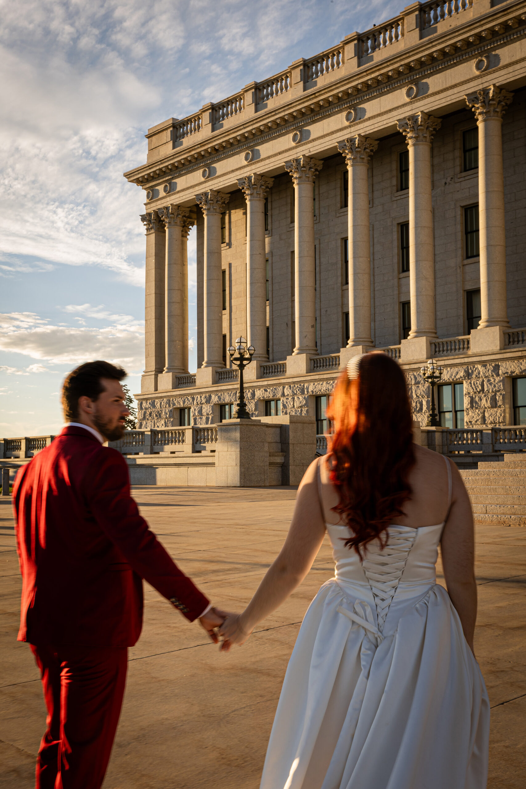Formal wedding session at the Utah State Capitol in Salt Lake City — sophisticated courthouse elopement photos by Honey I Do.