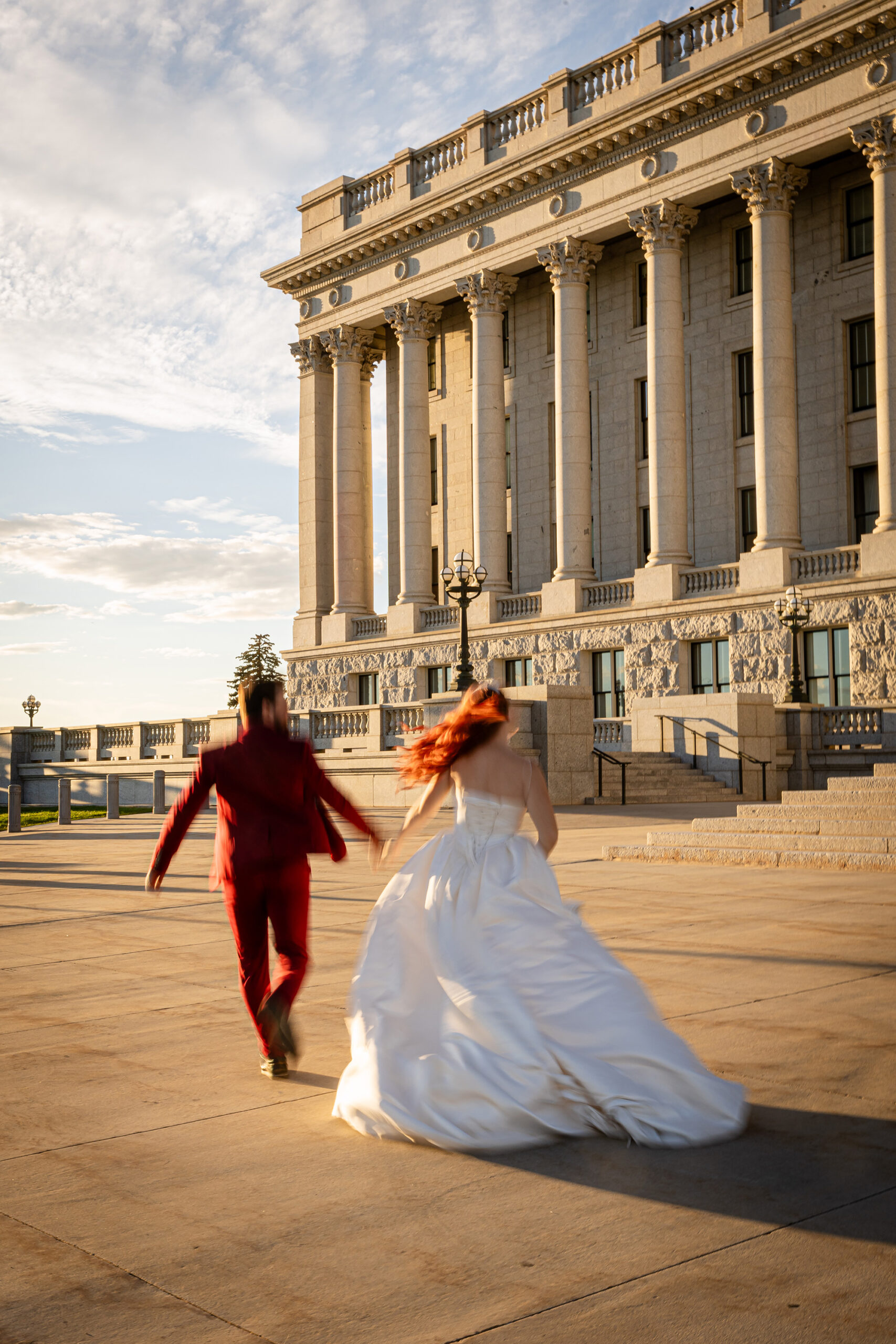 Utah courthouse elopement photography at the State Capitol — elegant couple portraits with natural light and movement.