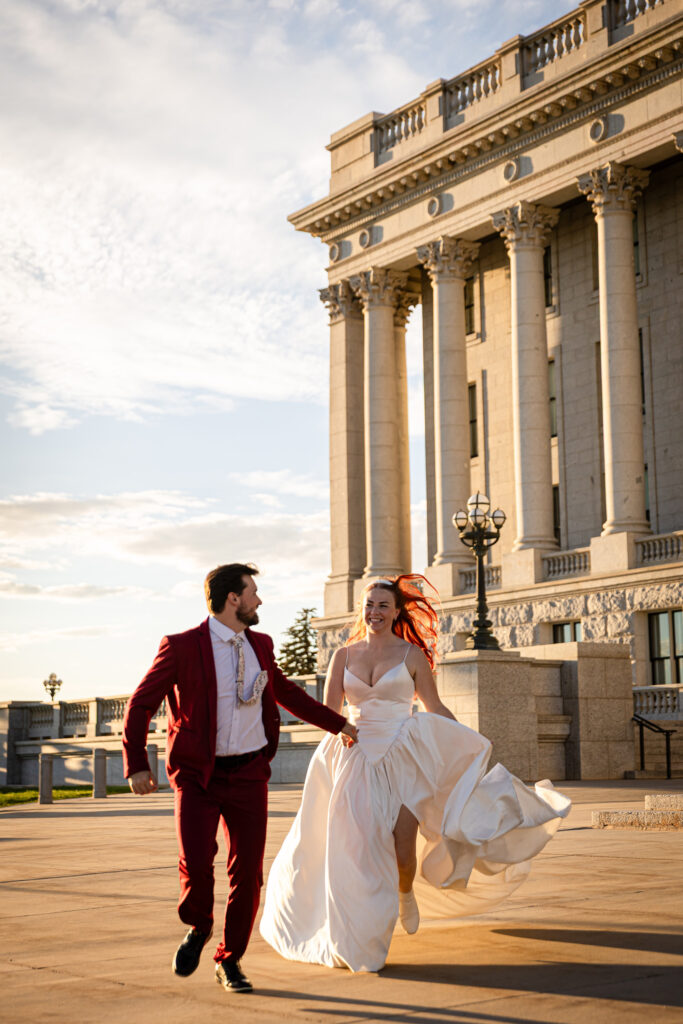 Utah courthouse elopement photography at the State Capitol — elegant couple portraits with natural light and movement.