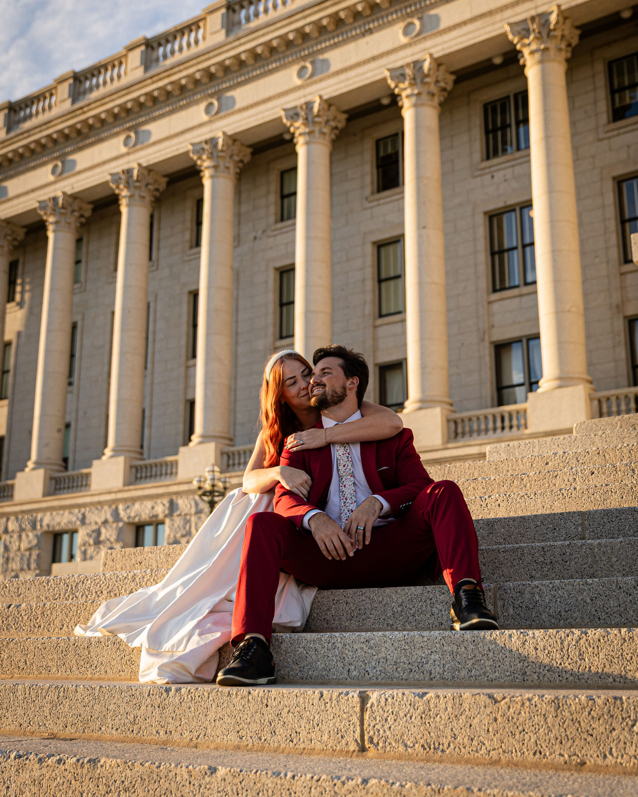 Salt Lake City formal session at the Utah State Capitol — cinematic wedding portraits for an elegant courthouse elopement.