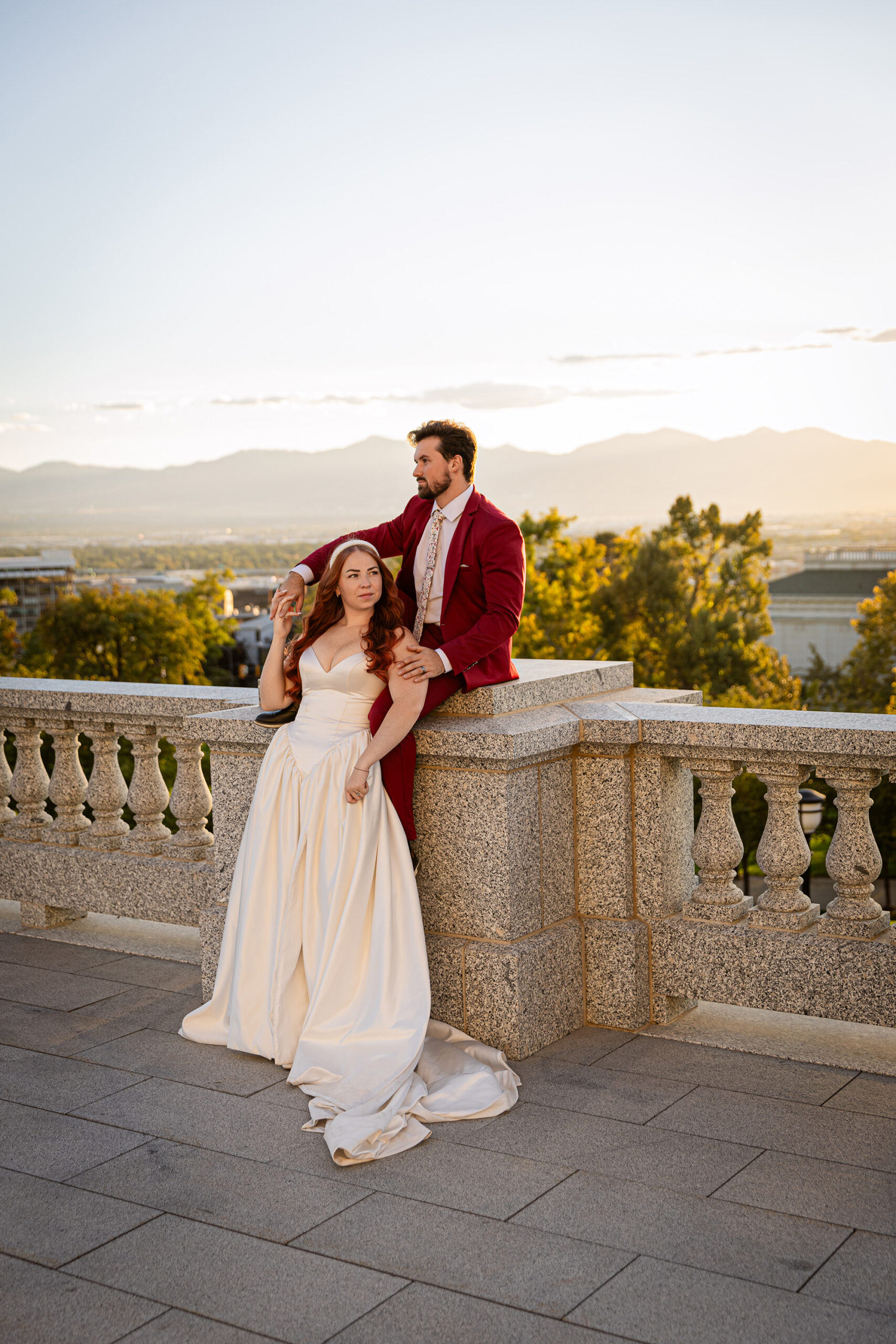Bride and groom during their courthouse wedding at the Utah State Capitol in Salt Lake City — elegant elopement formal session captured by Honey I Do, Utah wedding photographer.